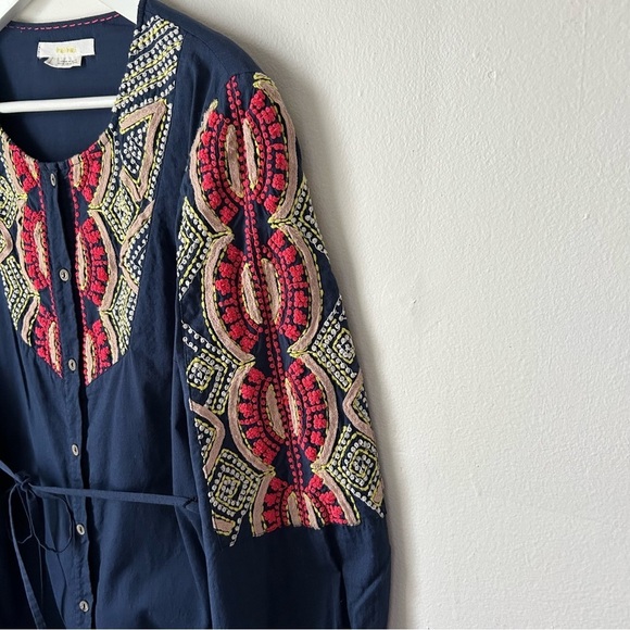 Anthropologie Hei Hei Agonda Blue Embroidered Tunic Blouse Button Front Belt -10 - Picture 6 of 12